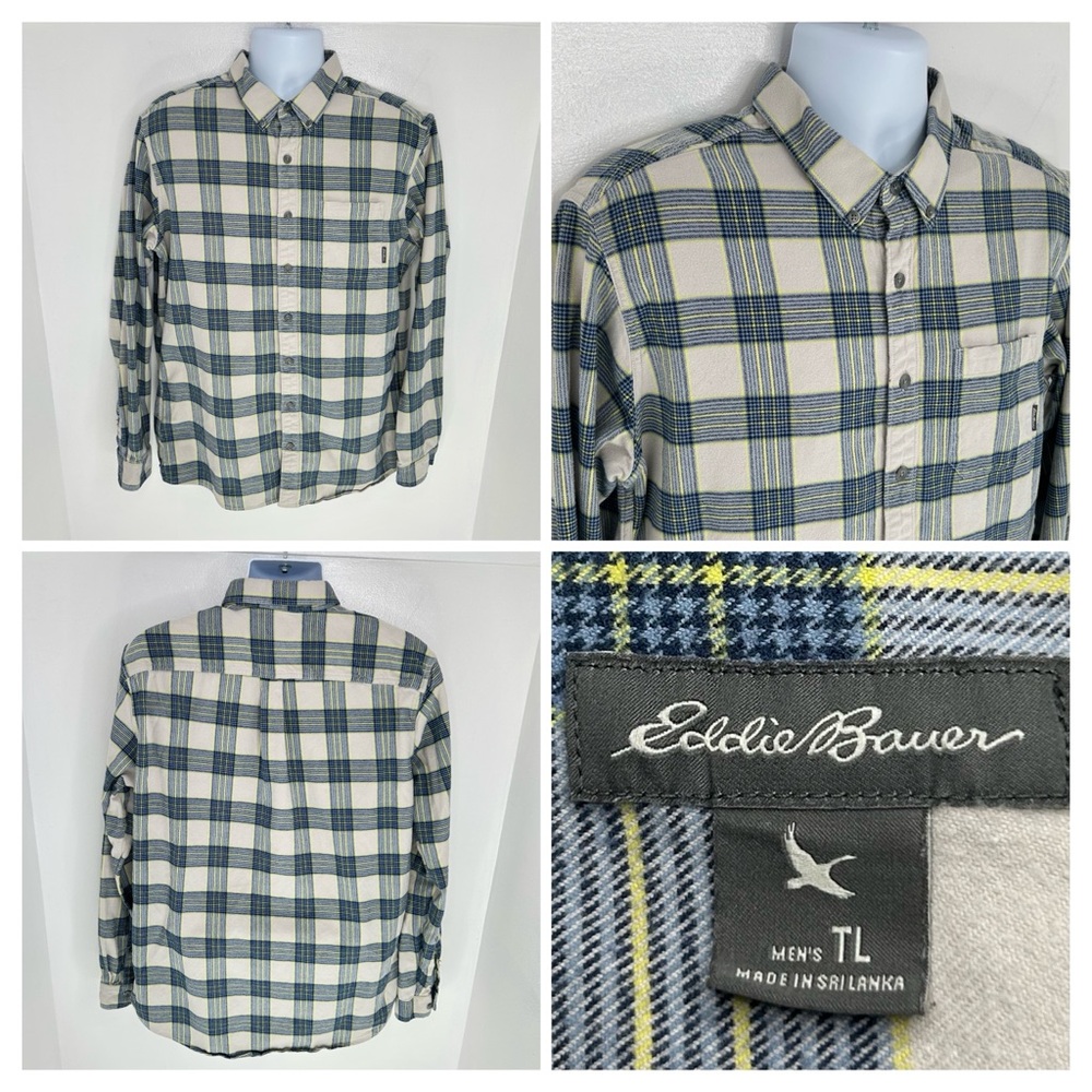 Eddie Bauer Men's Tall Large TL Classic Fit Flannel Shirt Cream Blue‎ Plaid